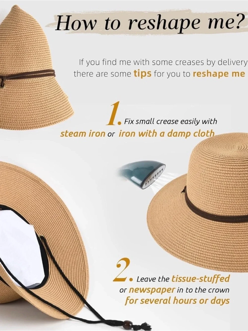 FURTALK Women's Wide Brim Straw Sun Hat Tan w Chin Cord UPF - Sz M/L